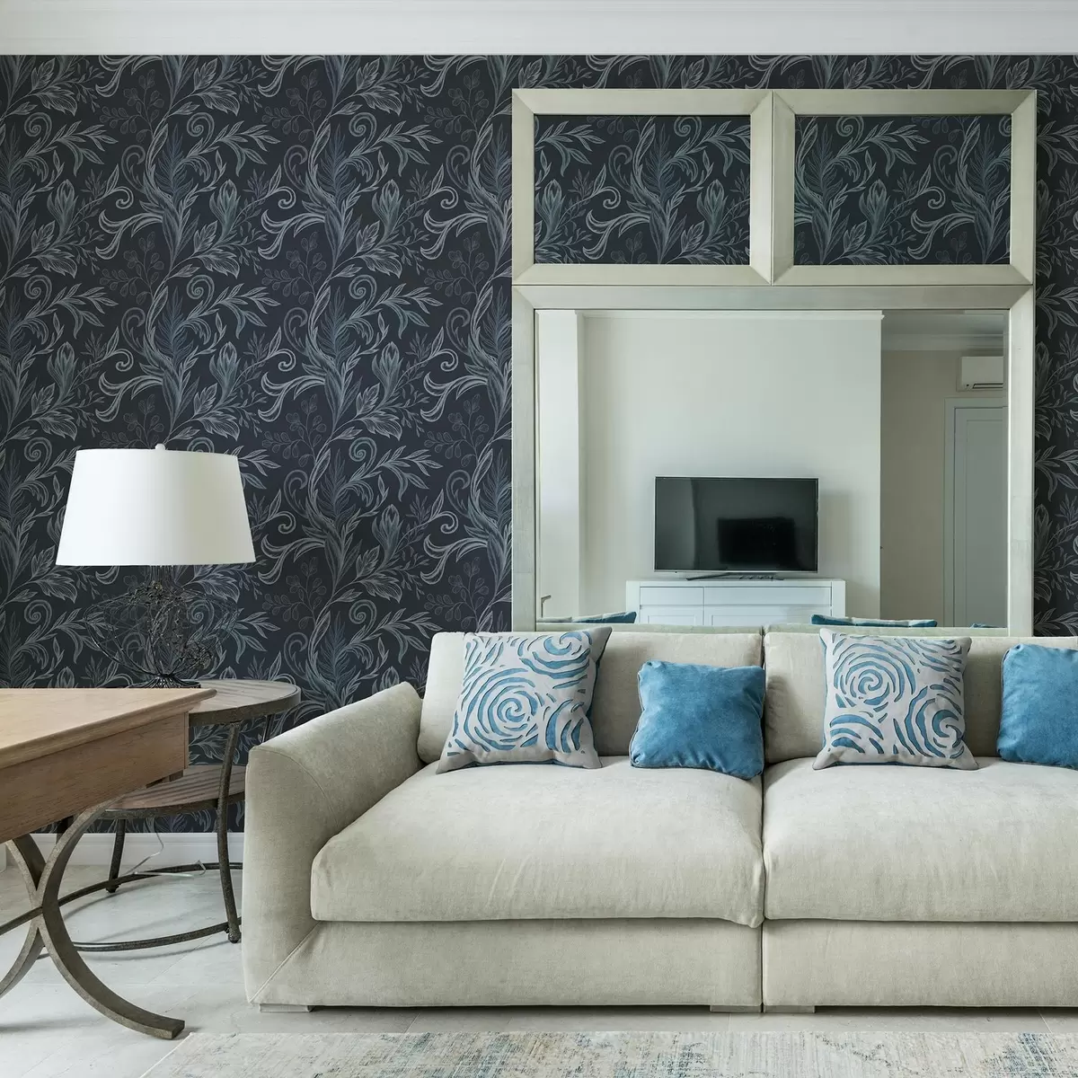 Carta da parati Foglie arricciate color indaco scuro con sfumature disegnate a mano a00935