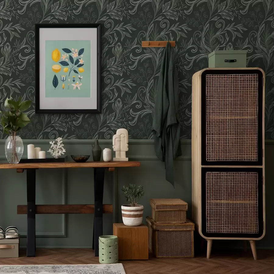 carta da parati Foglie arricciate della foresta profonda nei toni del verde gessoso nr. a00935v2