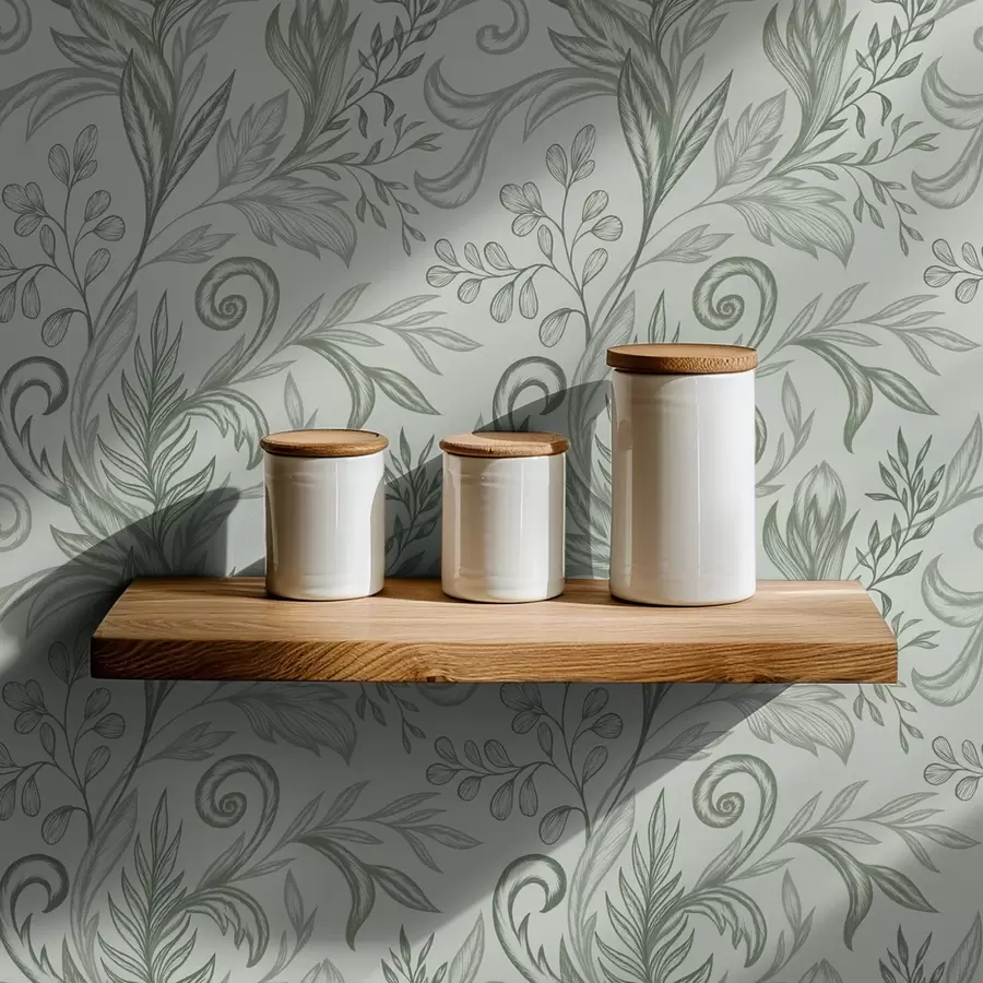 carta da parati Foglie morbide di menta arricciate in delicate linee grigio-verdi nr. a00935v3