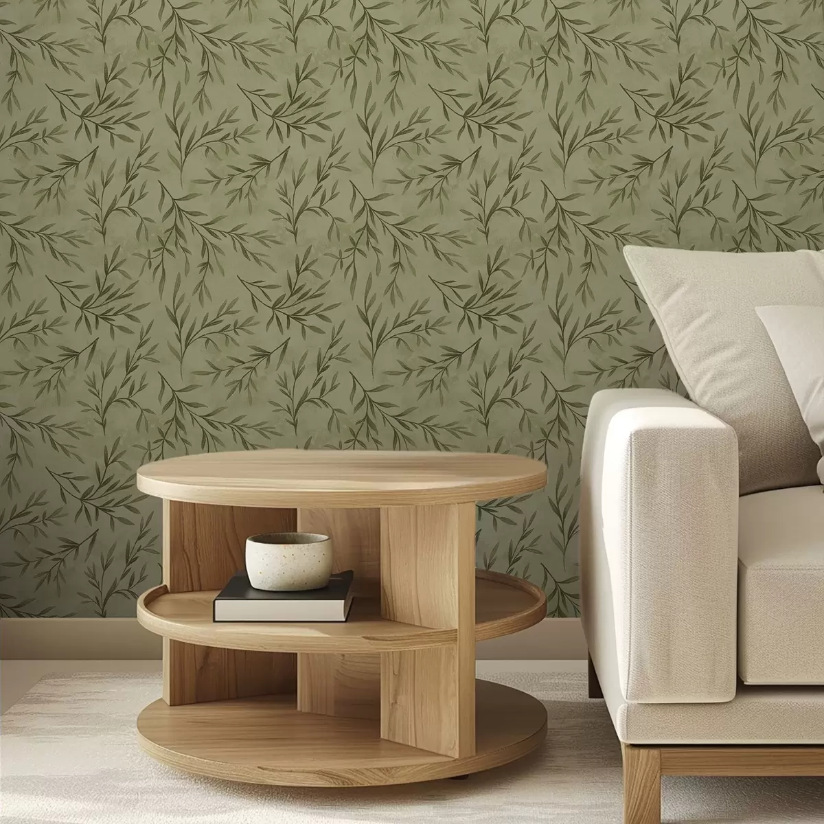 Carta da parati Rametti di ulivo su uno sfondo smerigliato giallo-verde a00936