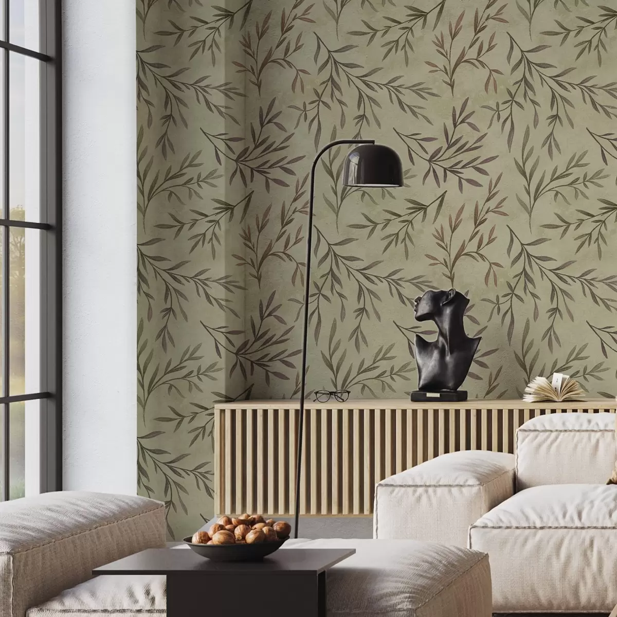 Carta da parati Rami di lillà e verde con foglie su uno sfondo caldo a00936v4