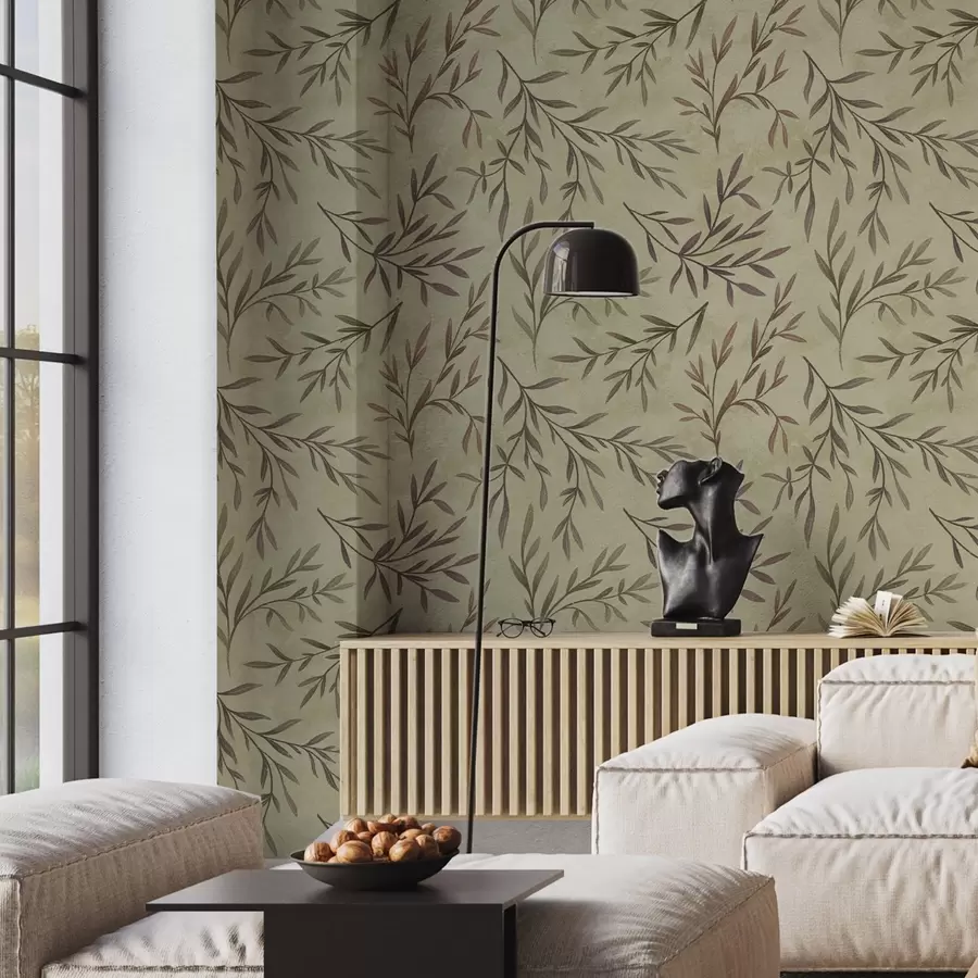 carta da parati Rami di lillà e verde con foglie su uno sfondo caldo nr. a00936v4