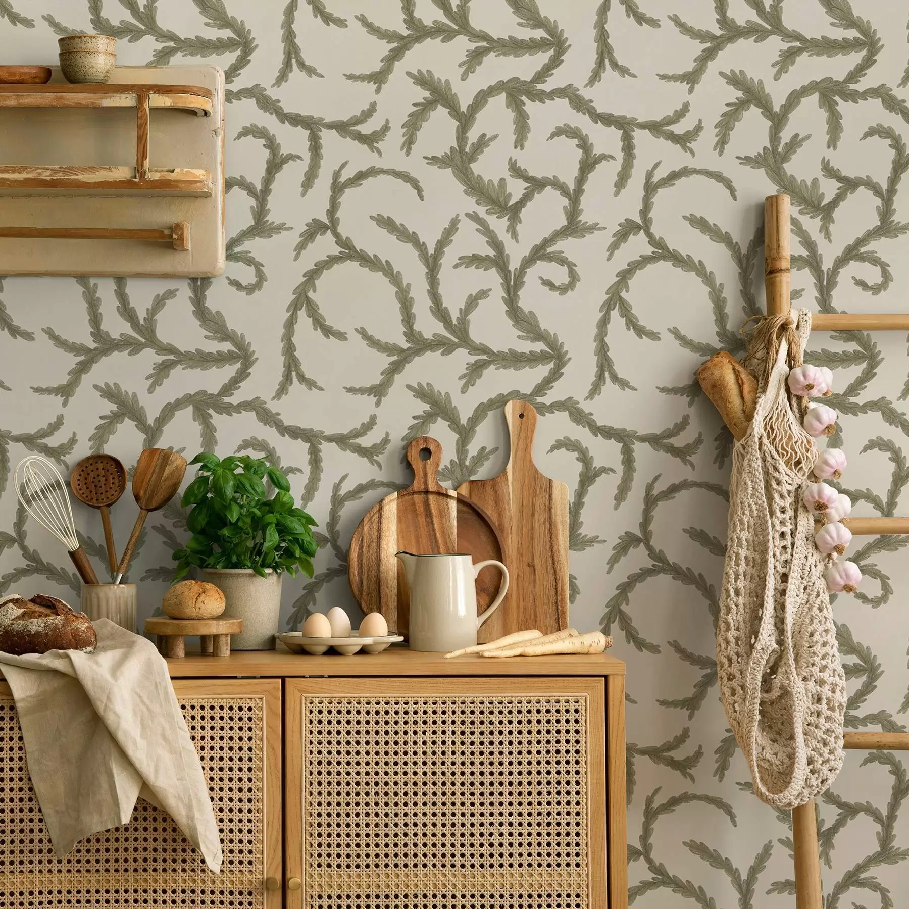 carta da parati Morbidi riccioli verdi di conifere su sfondo chiaro nr. a00938