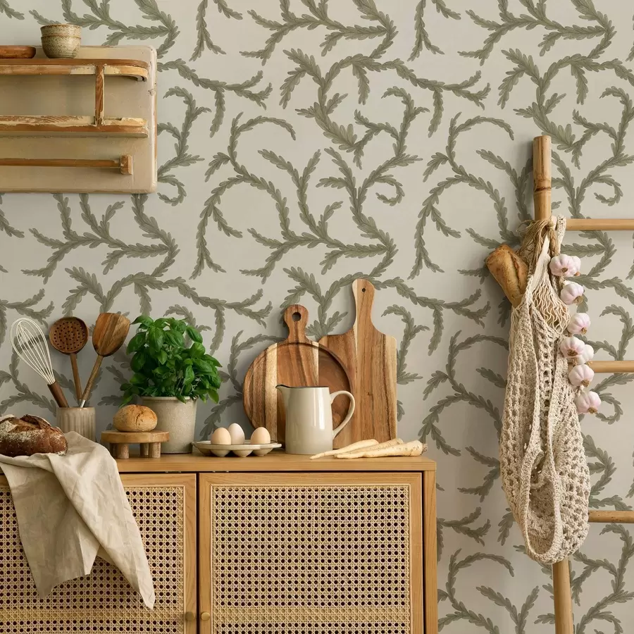 carta da parati Morbidi riccioli verdi di conifere su sfondo chiaro nr. a00938