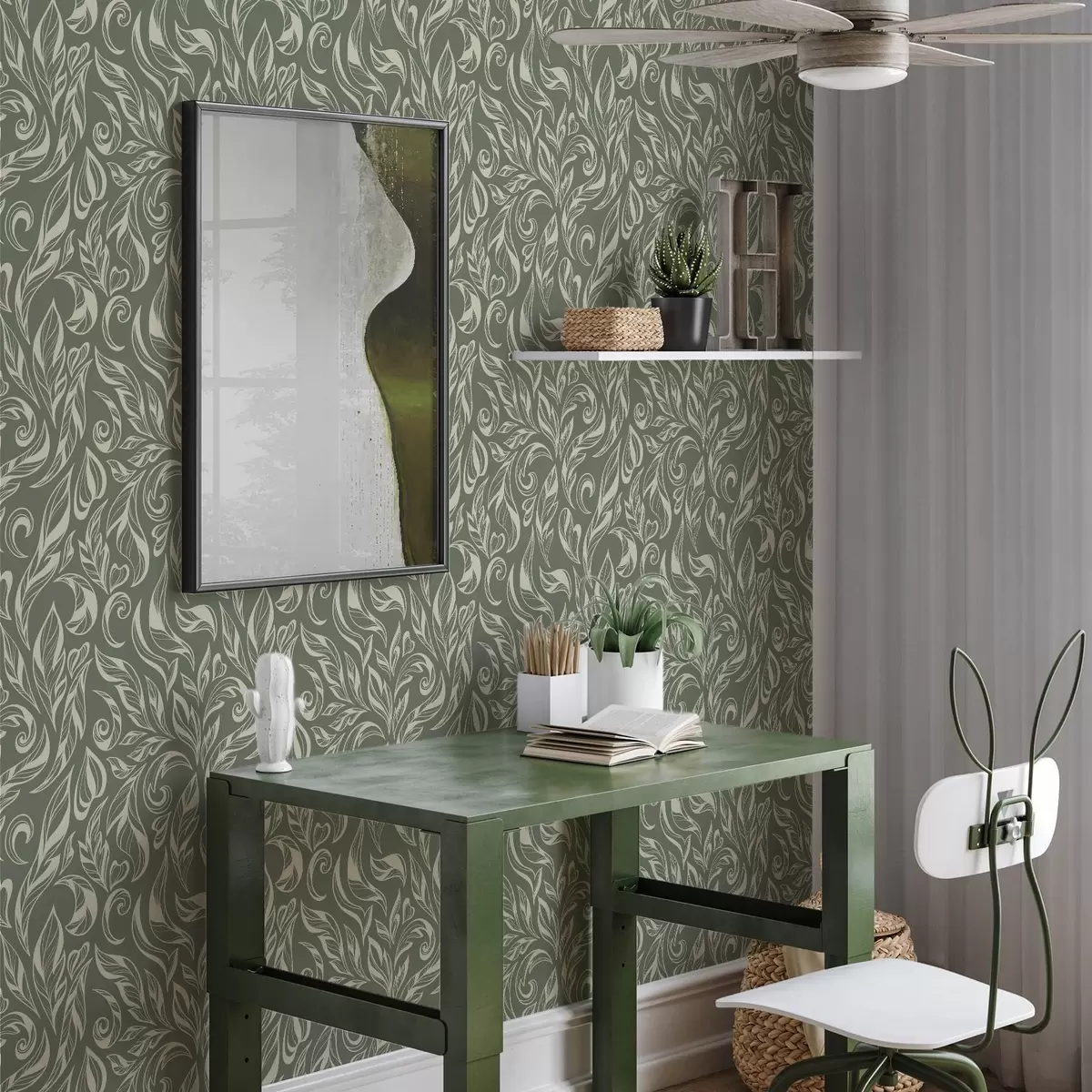 Carta da parati Ornamento a foglie color crema su sfondo grigio-verdastro a00940v2