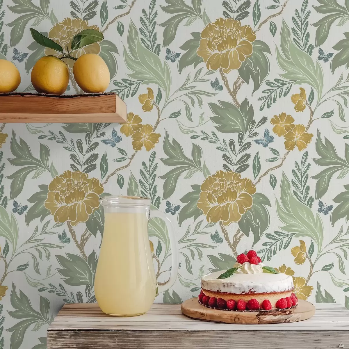 Carta da parati Grandi peonie gialle e fogliame su sfondo chiaro a00941