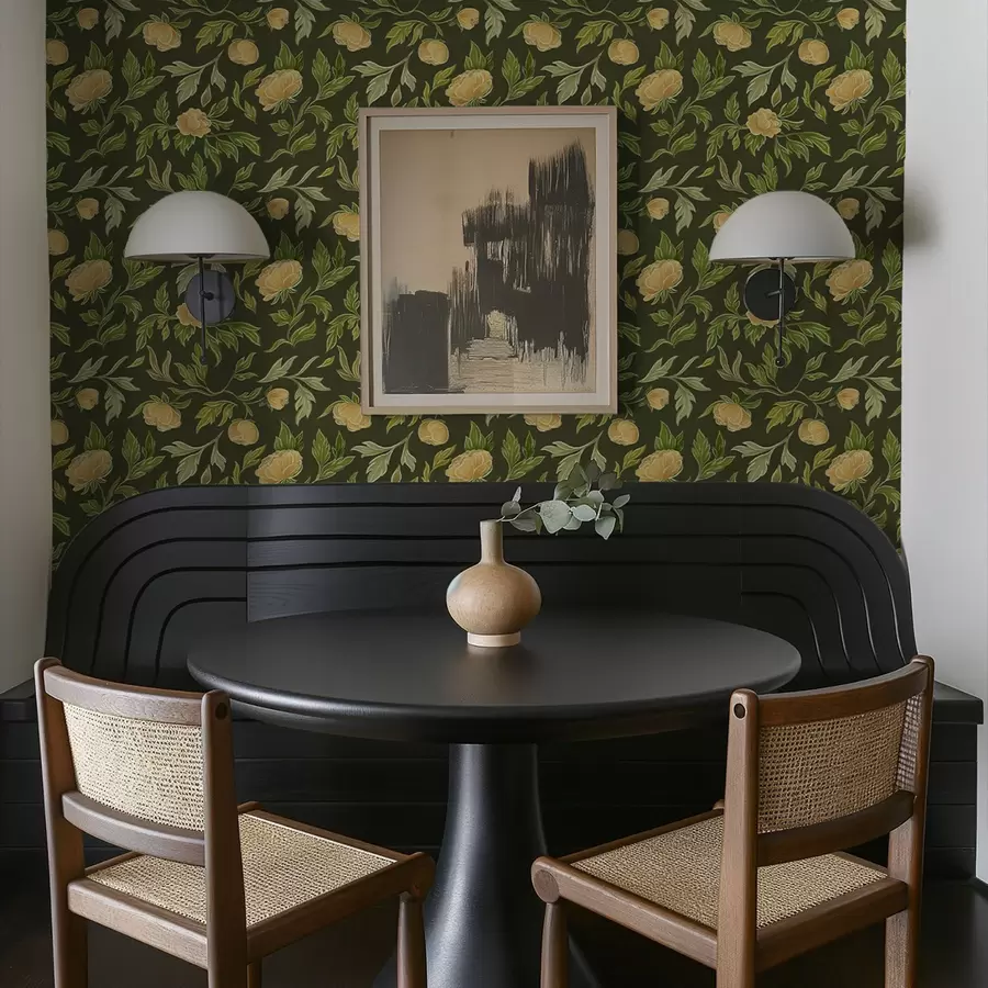 carta da parati Peonie gialle su uno sfondo verde scuro intenso nr. a00942v1