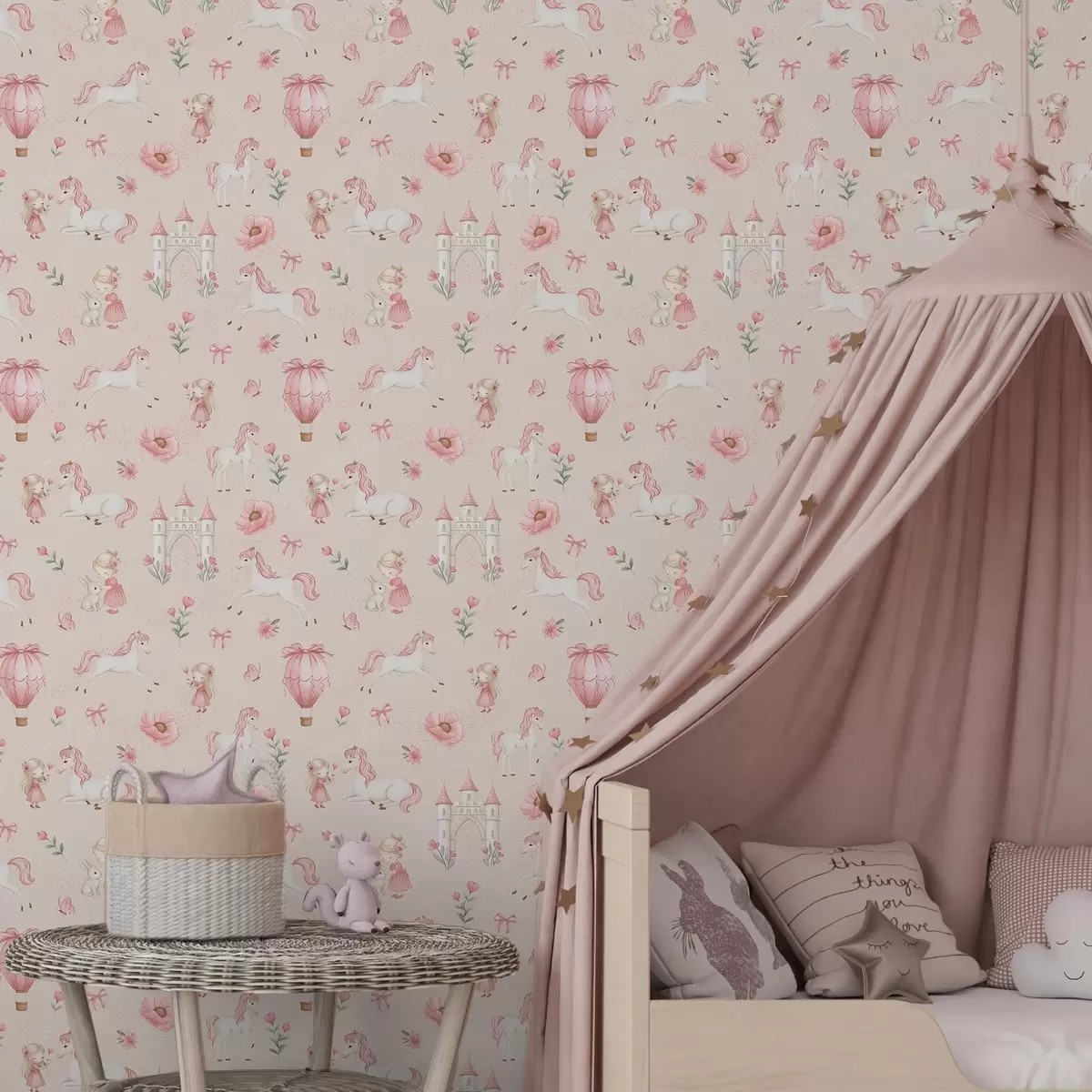 Carta da parati Unicorni rosa, bambine e un castello su uno sfondo morbido a00957