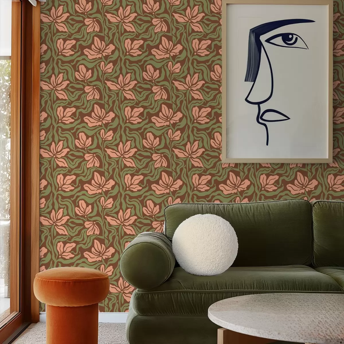 Carta da parati Fiori di pesco e fogliame su sfondo marrone scuro a00958v2