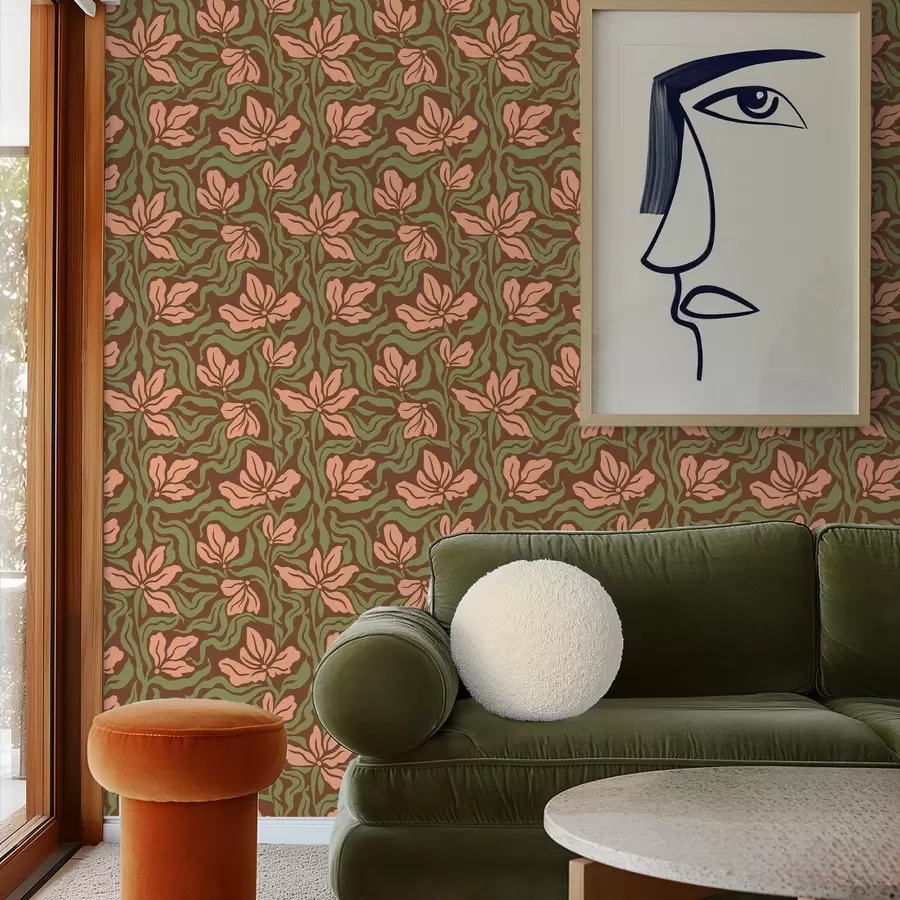 carta da parati Fiori di pesco e fogliame su sfondo marrone scuro nr. a00958v2