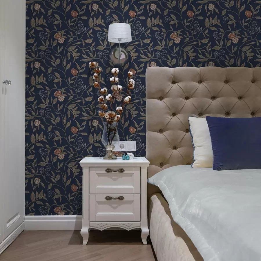 carta da parati Giardino blu con rami, frutti e piccoli fiori nr. a00959