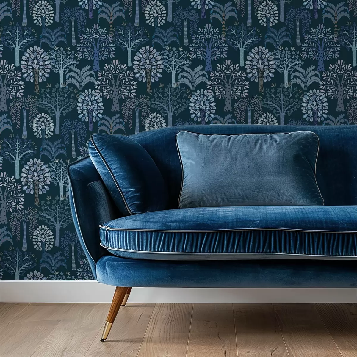 Carta da parati Foresta notturna con alberi decorativi nei toni del blu a00960v2