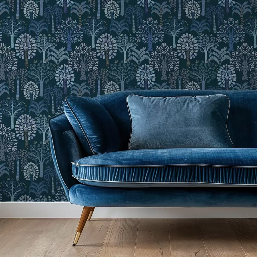 carta da parati Foresta notturna con alberi decorativi nei toni del blu nr. a00960v2