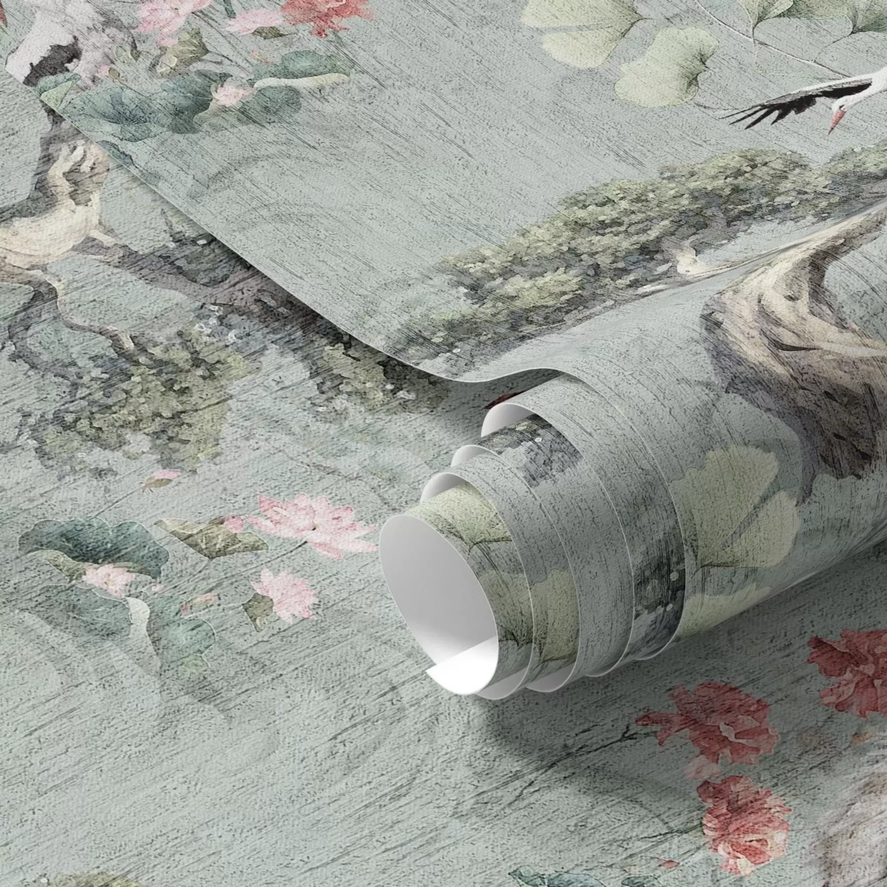 carta da parati Gru tra pini e fiori di loto su uno sfondo verde tranquillo nr. a00962