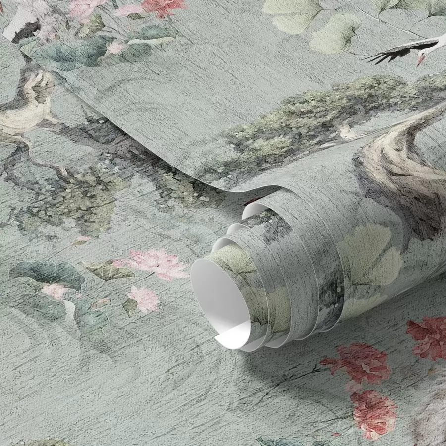 carta da parati Gru tra pini e fiori di loto su uno sfondo verde tranquillo nr. a00962