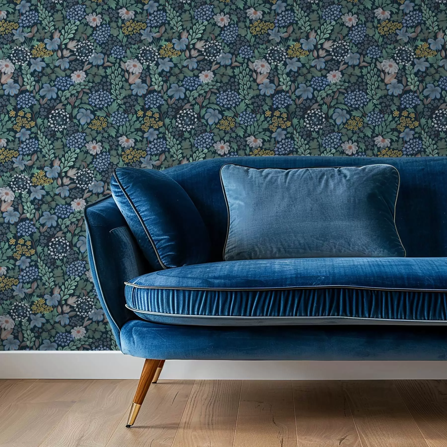 carta da parati Giardino notturno con gigli blu, bacche e vegetazione selvatica nr. a00996