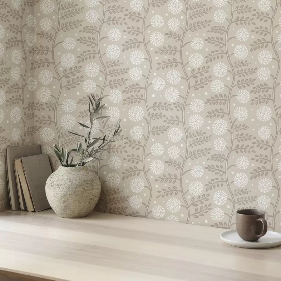 carta da parati Steli beige con fiori bianchi soffici e morbidi puntini nr. a00997