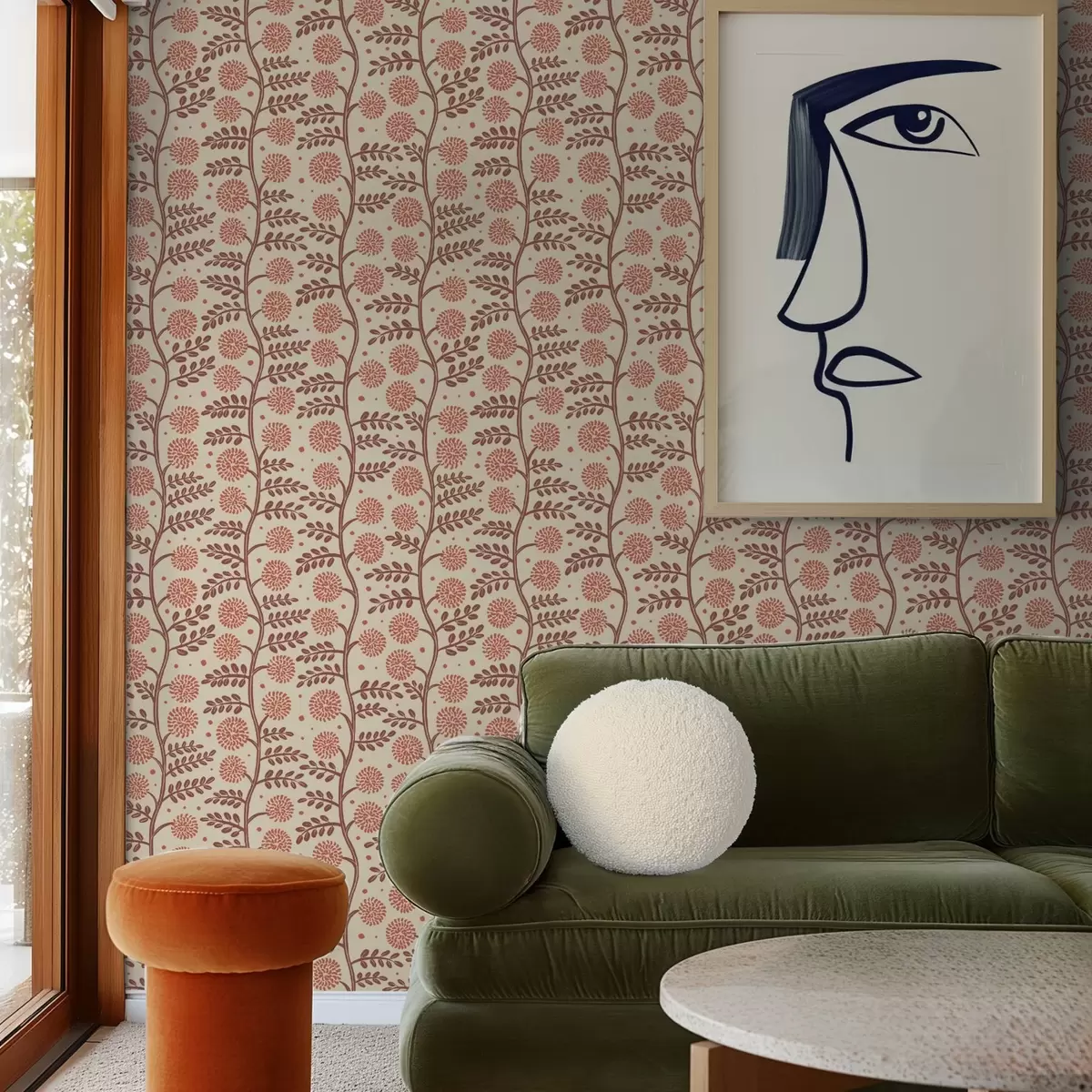 Carta da parati Steli in terracotta con fiori soffici color corallo su sfondo crema a00997v1