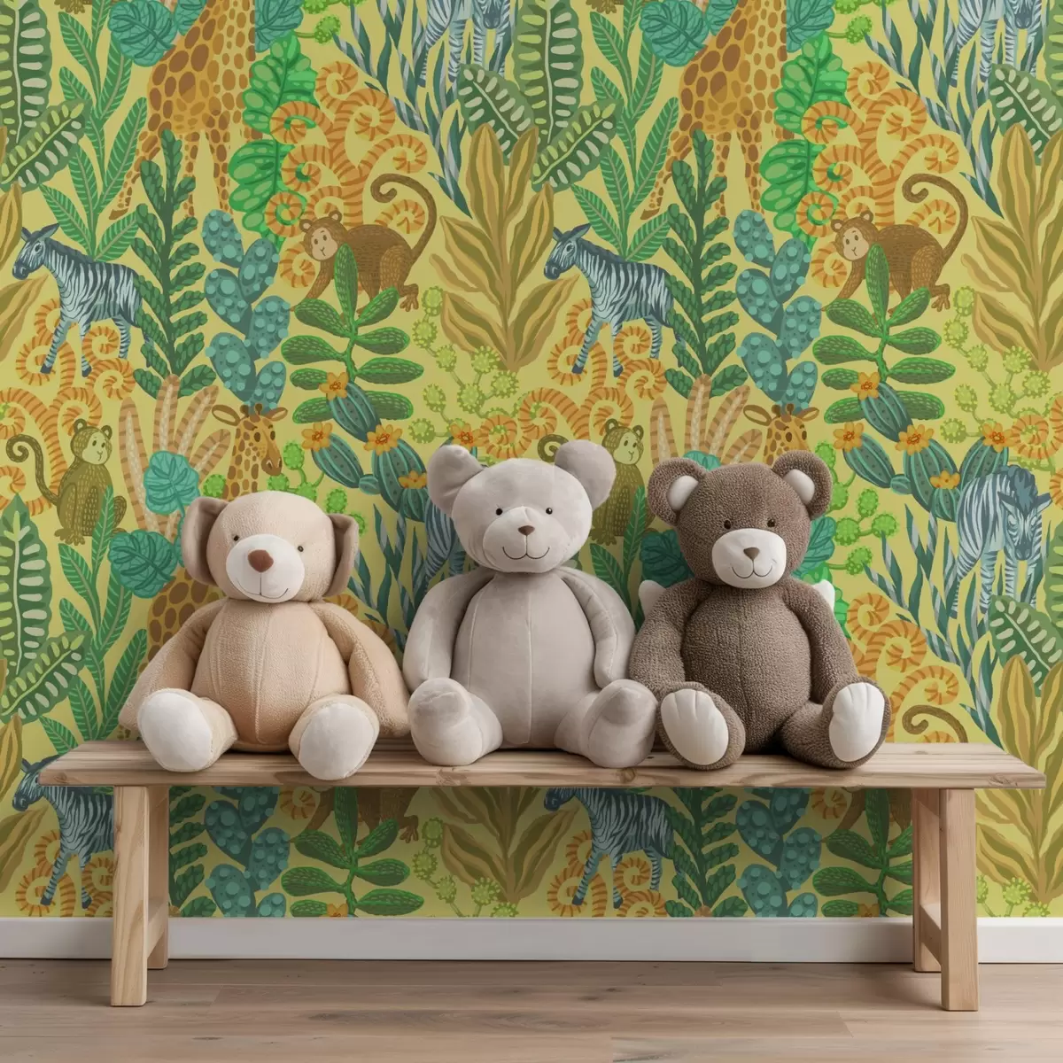 Carta da parati Giraffa, zebra e scimmia in una savana giallo brillante a01000v1