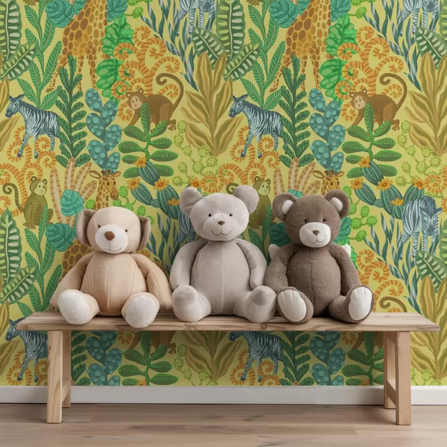 carta da parati Giraffa, zebra e scimmia in una savana giallo brillante nr. a01000v1