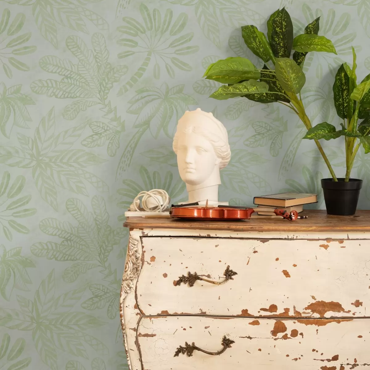 Carta da parati Foglie tropicali disegnate in freschi toni verde chiaro a01001v1