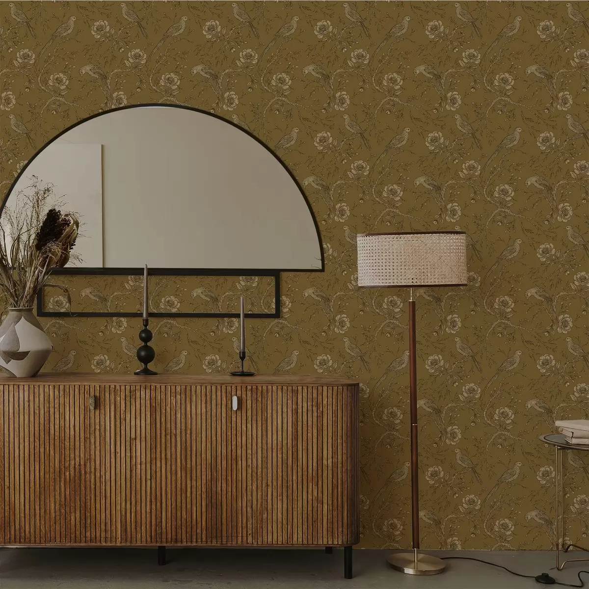 Carta da parati Uccelli e fiori vintage su uno sfondo color oliva caldo a01022v1