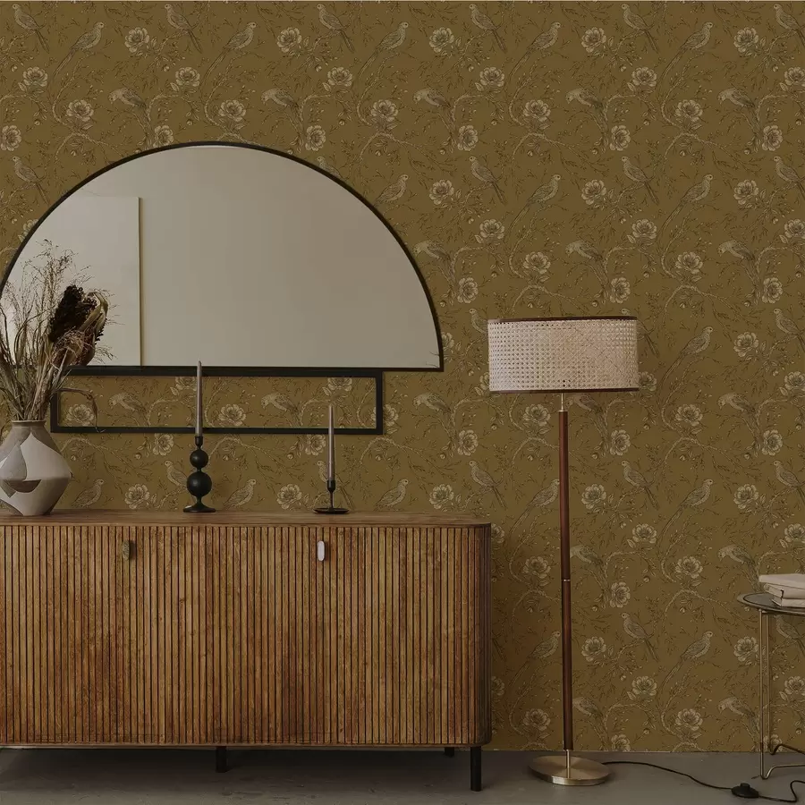 carta da parati Uccelli e fiori vintage su uno sfondo color oliva caldo nr. a01022v1