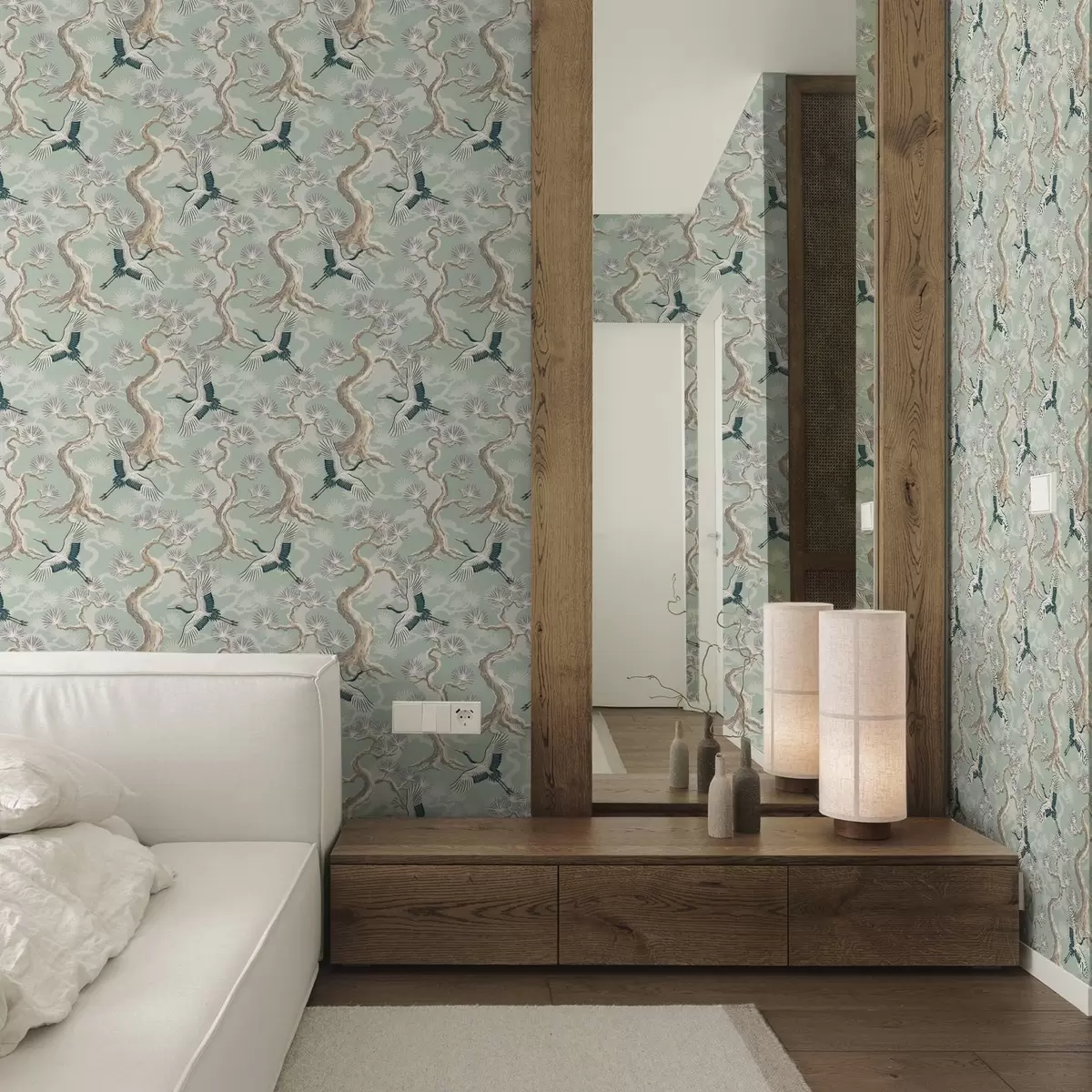 Carta da parati Gru tra rami ricurvi su uno sfondo color salvia chiaro a01023