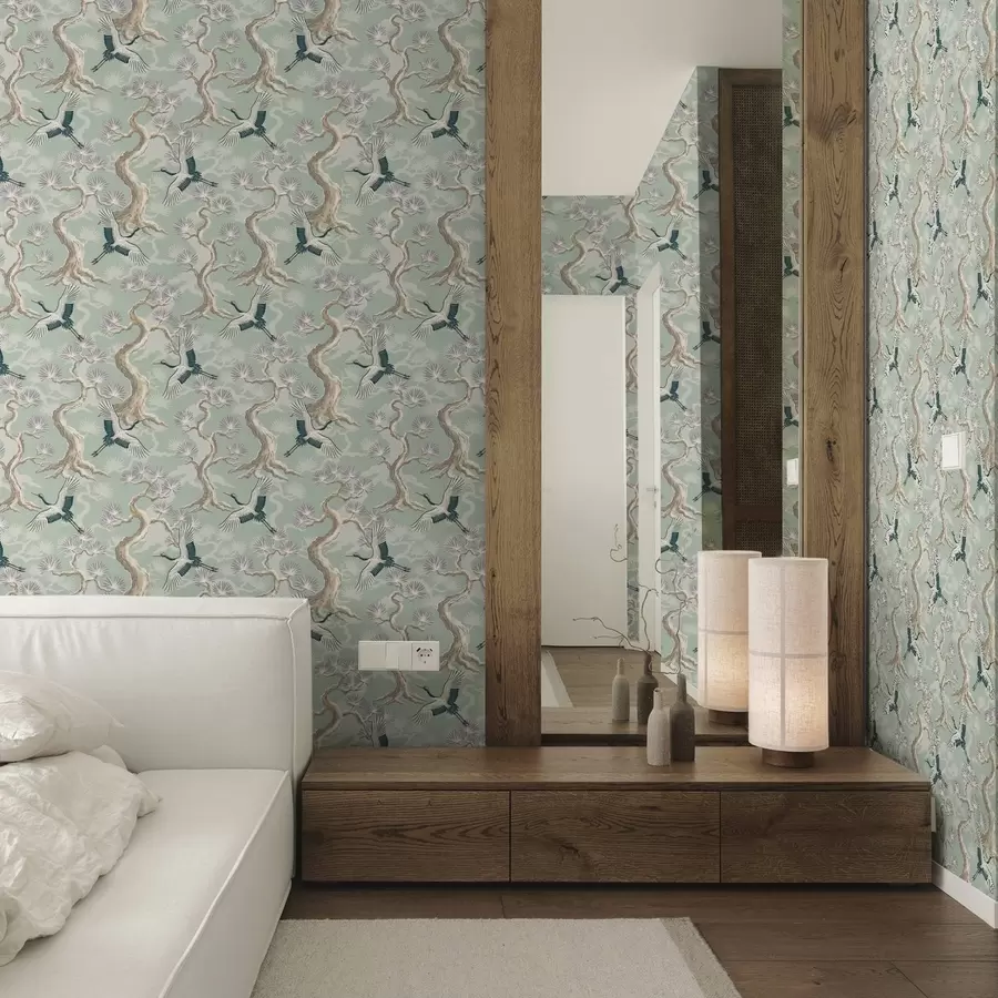 carta da parati Gru tra rami ricurvi su uno sfondo color salvia chiaro nr. a01023