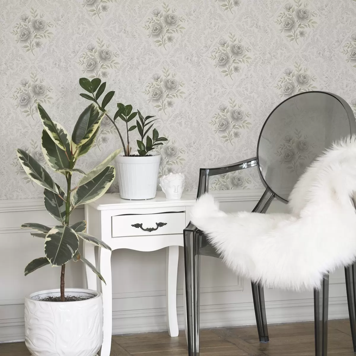 Carta da parati Motivo damascato chiaro con rose grigie in morbidi rombi a01024