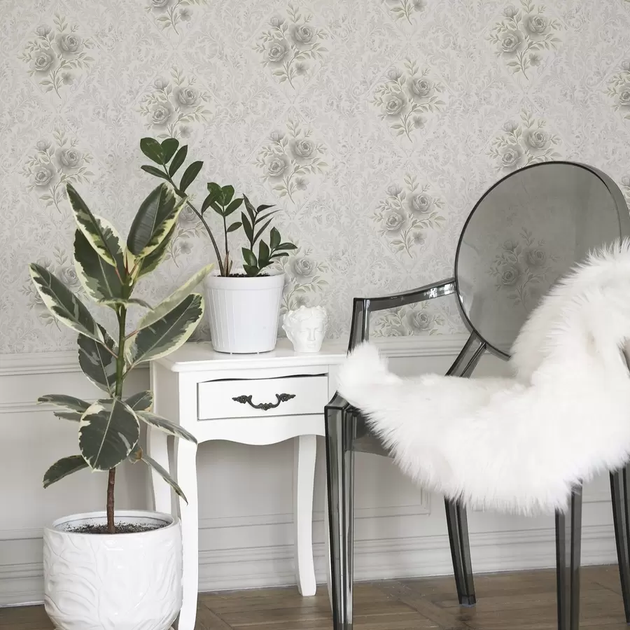 carta da parati Motivo damascato chiaro con rose grigie in morbidi rombi nr. a01024