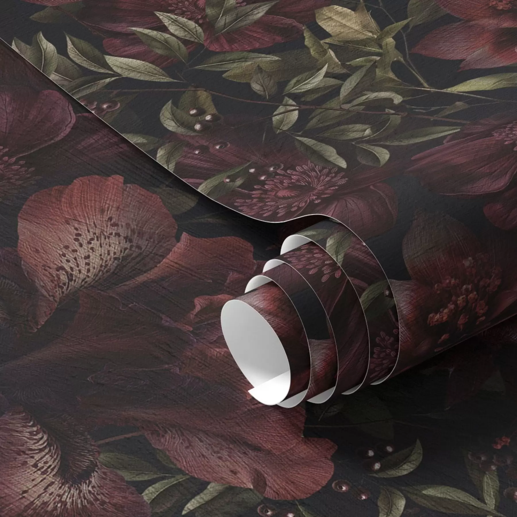 carta da parati Ricchi fiori bordeaux su sfondo scuro nr. a01032