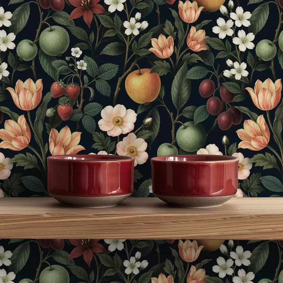 carta da parati Giardino buio con fiori, mele mature e bacche nr. a01034