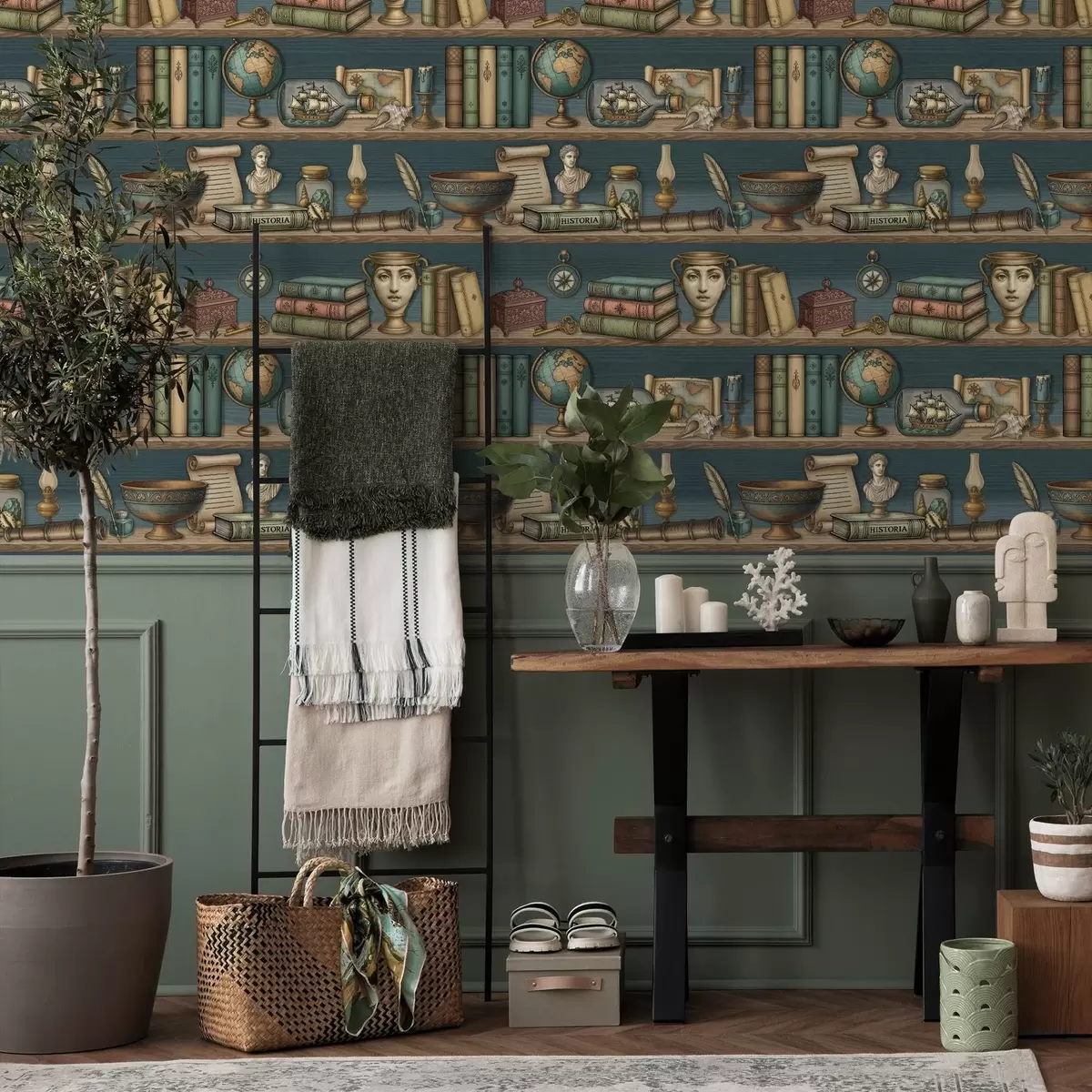 Carta da parati Scaffali vintage con libri, un mappamondo e curiosità marine a01036