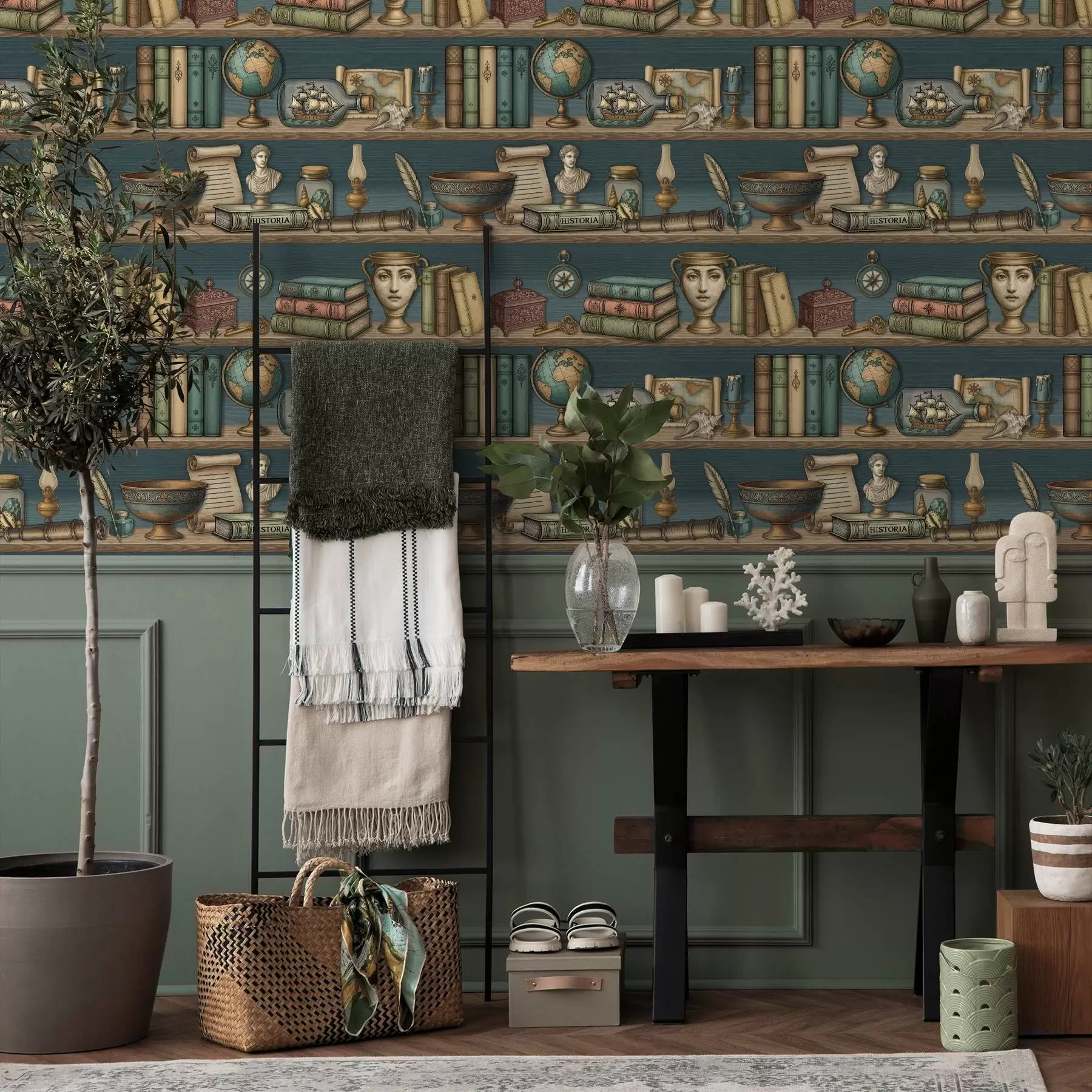 carta da parati Scaffali vintage con libri, un mappamondo e curiosità marine nr. a01036