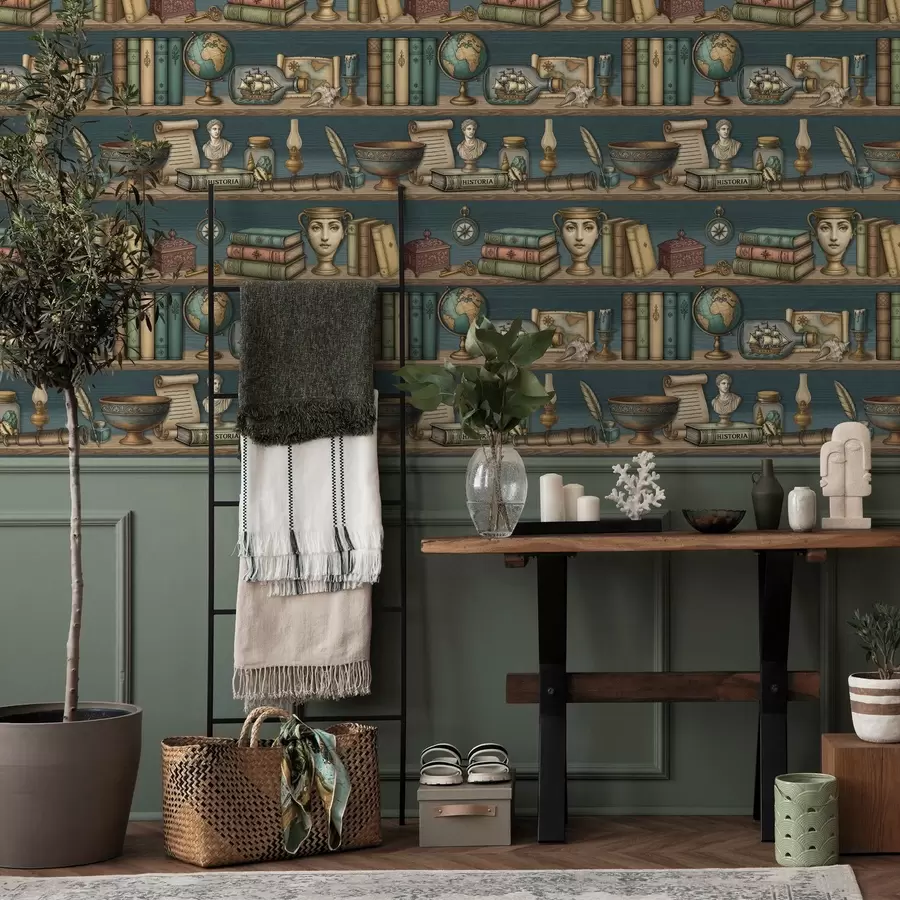 carta da parati Scaffali vintage con libri, un mappamondo e curiosità marine nr. a01036