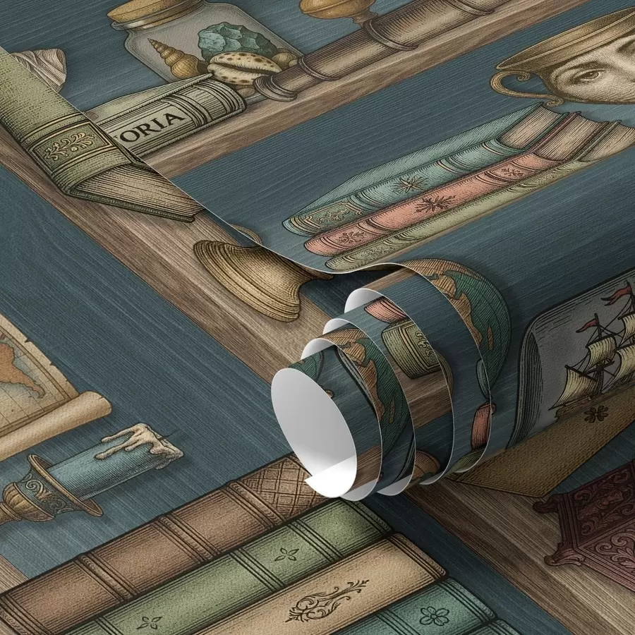 carta da parati Scaffali vintage con libri, un mappamondo e curiosità marine nr. a01036