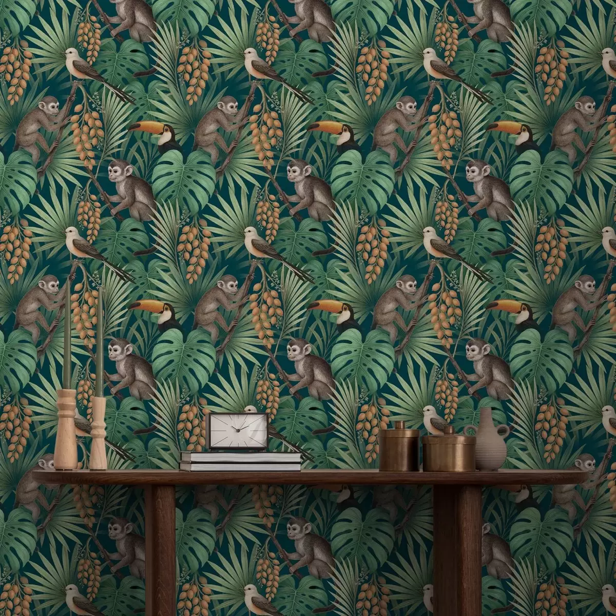 Carta da parati Scimmie e uccelli tropicali nella fitta vegetazione della giungla a01037