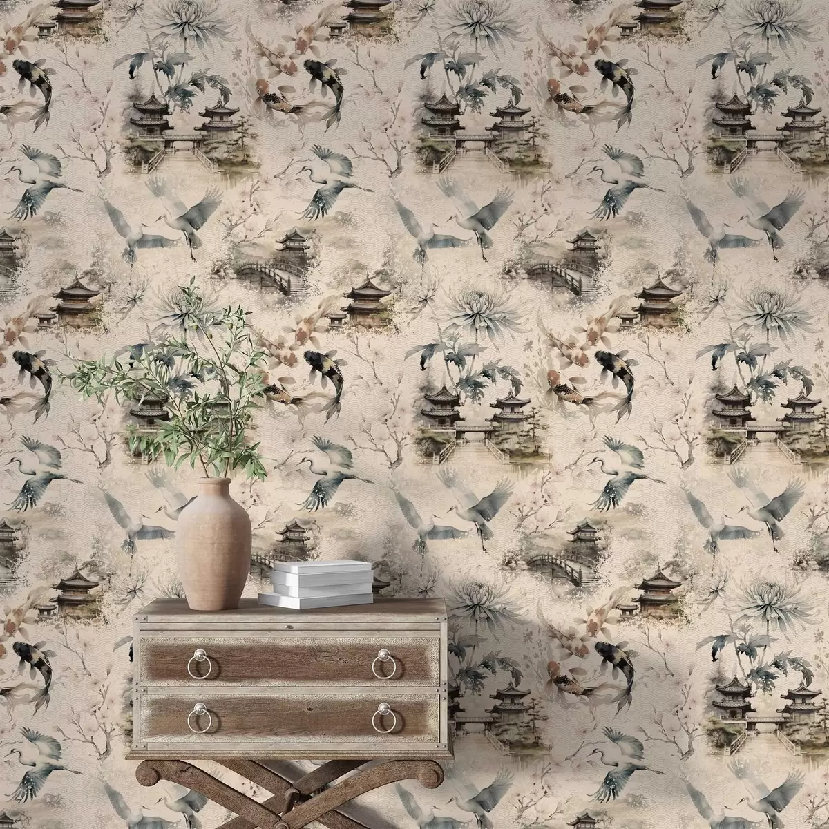 Carta da parati Templi giapponesi, carpe koi e gru su uno sfondo morbido a01040