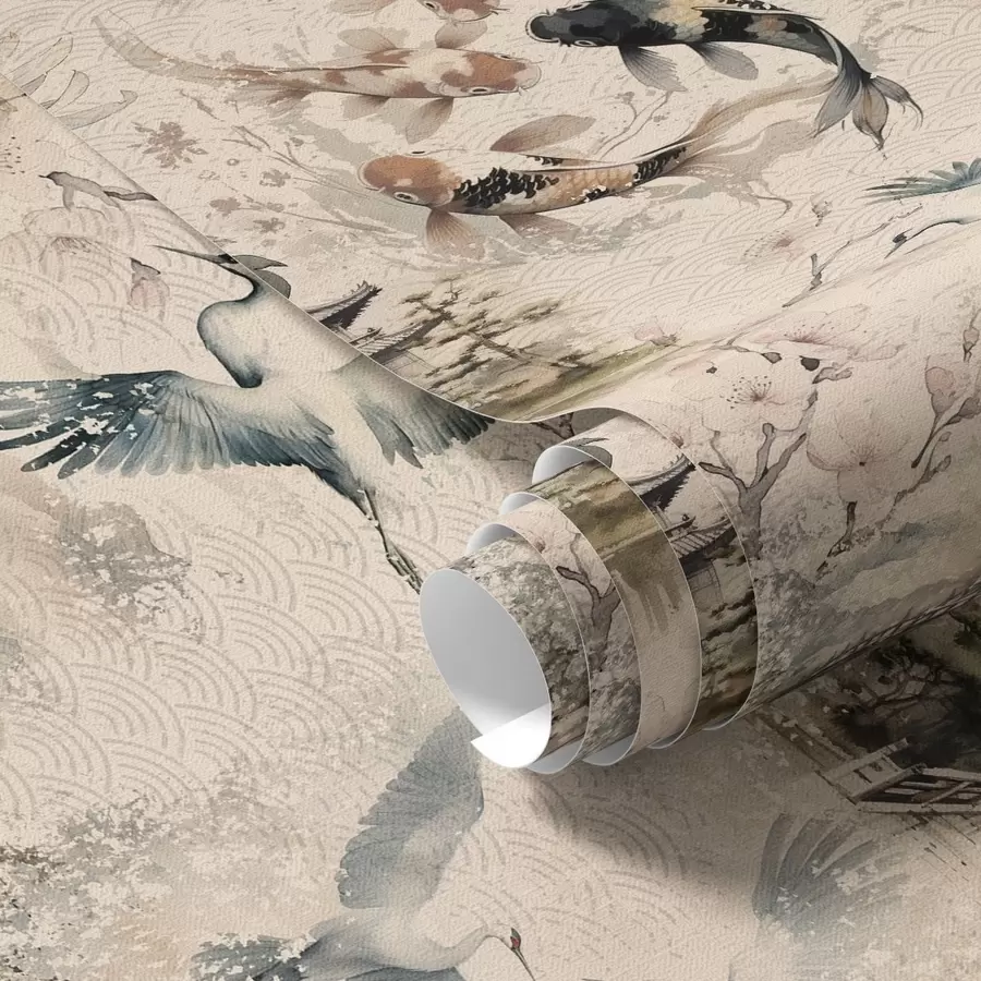 carta da parati Templi giapponesi, carpe koi e gru su uno sfondo morbido nr. a01040