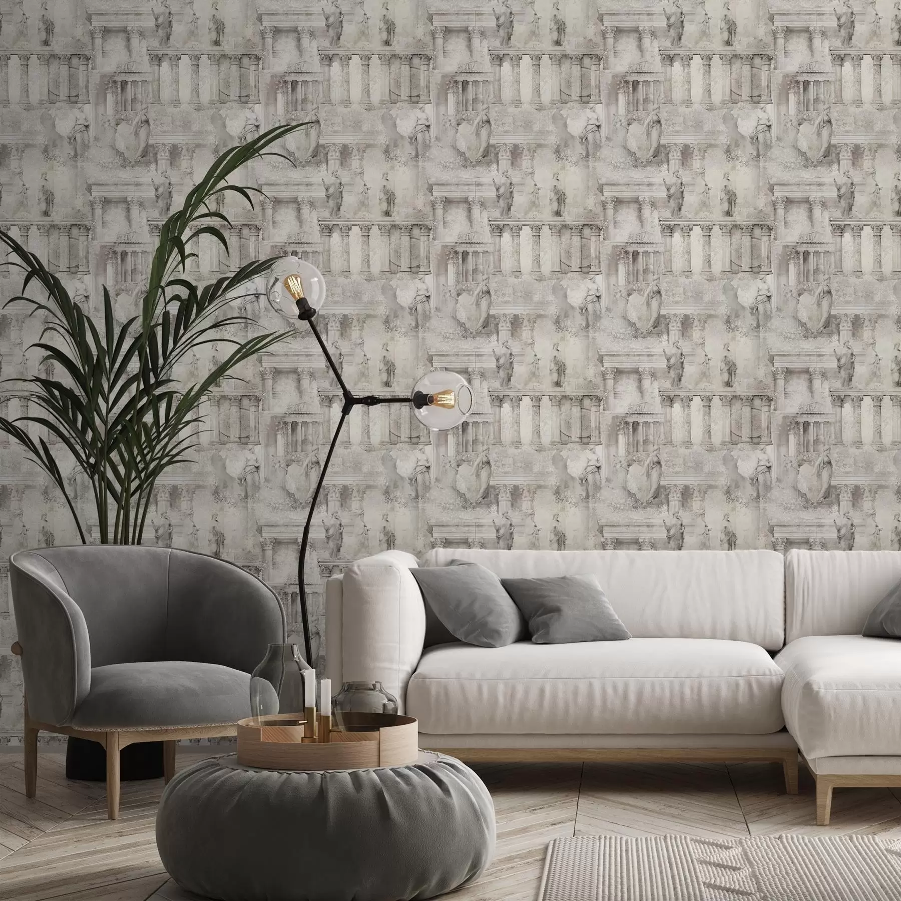 carta da parati Statue e colonne antiche nei toni tenui del beige-grigio nr. a01041
