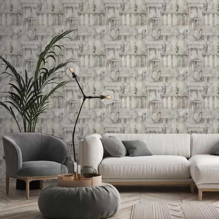 carta da parati Statue e colonne antiche nei toni tenui del beige-grigio nr. a01041