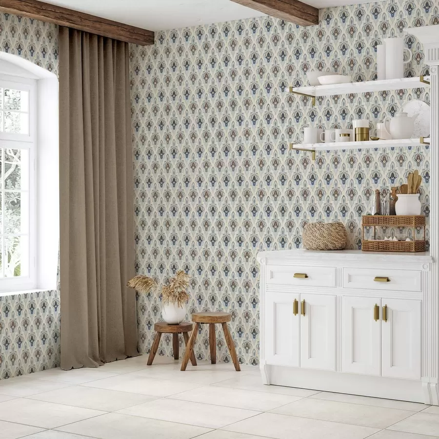 carta da parati Motivo orientale di piccole piastrelle in una palette di colori blu-sabbia nr. a01044