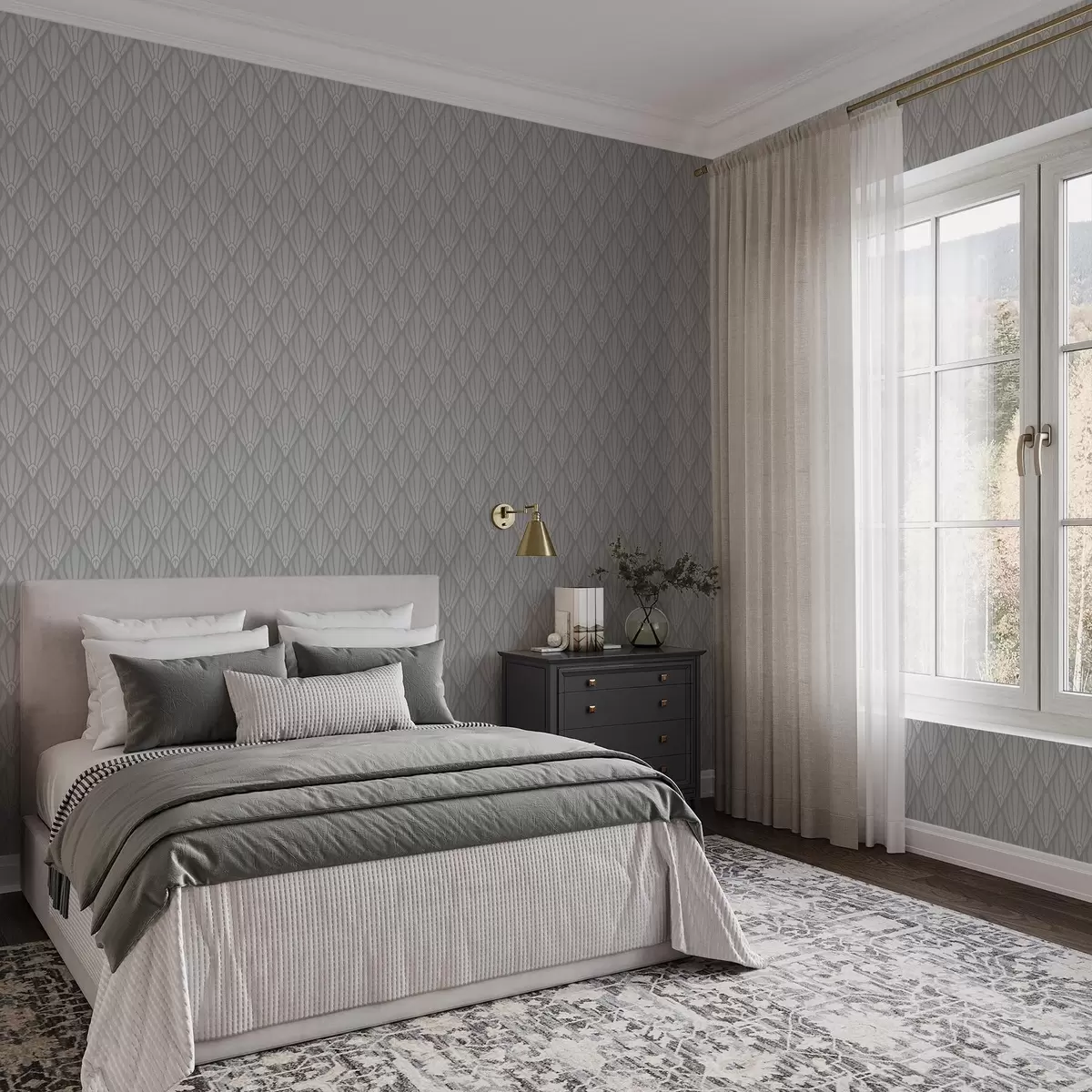 Carta da parati Art Déco grigio con forme a ventaglio a01064
