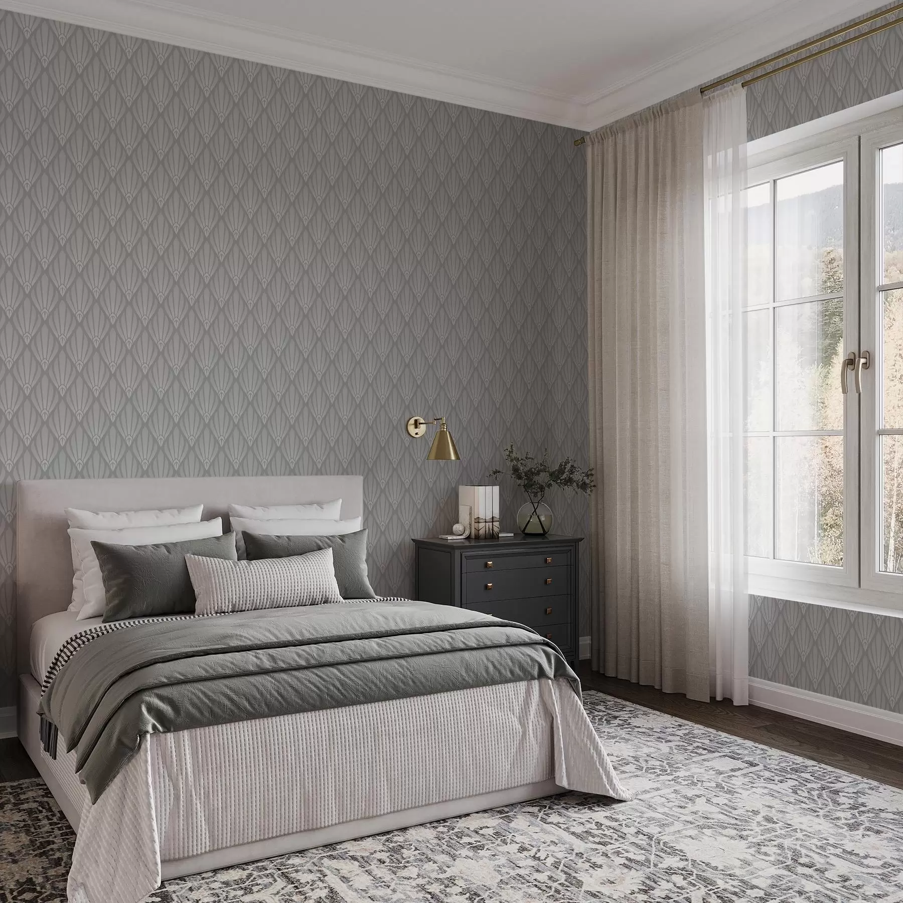 carta da parati Art Déco grigio con forme a ventaglio nr. a01064