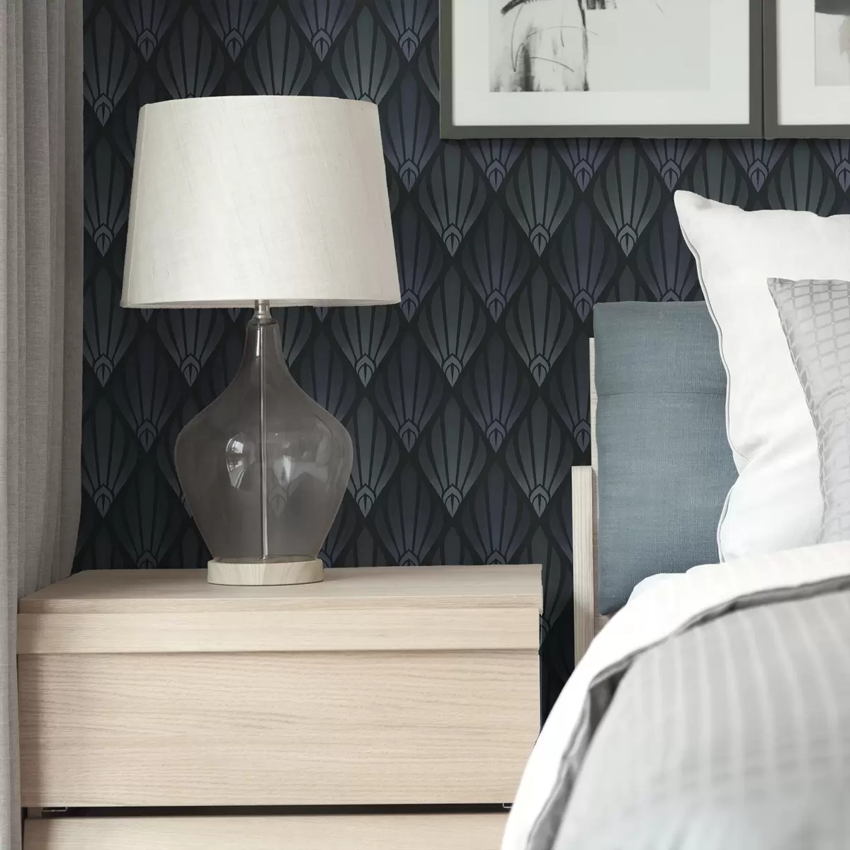 Carta da parati Art Déco blu-grigio freddo con forme a ventaglio a01064v3