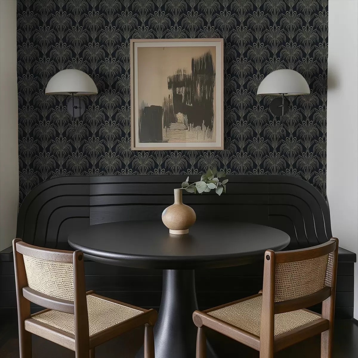 Carta da parati Ornamento Art Déco scuro con piante stilizzate a01065