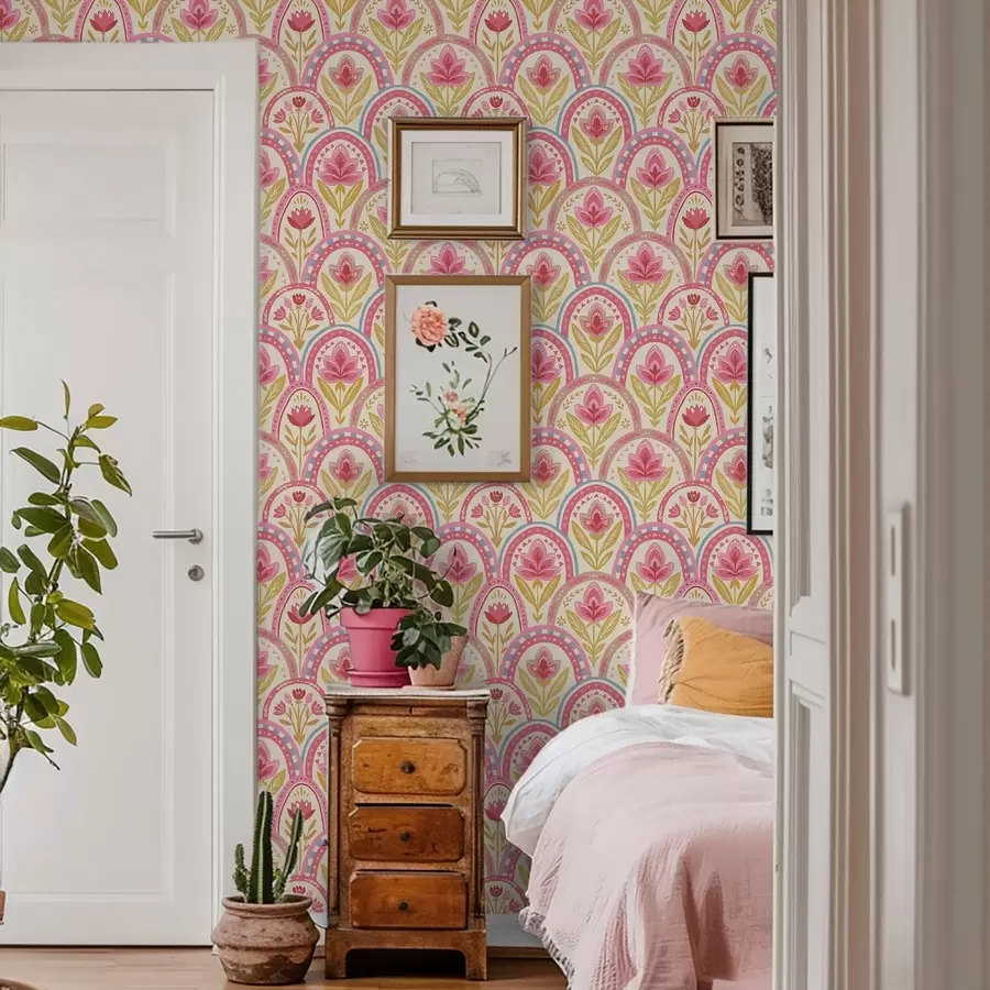 carta da parati Archi con fiori rosa in uno stile folk nr. a01080