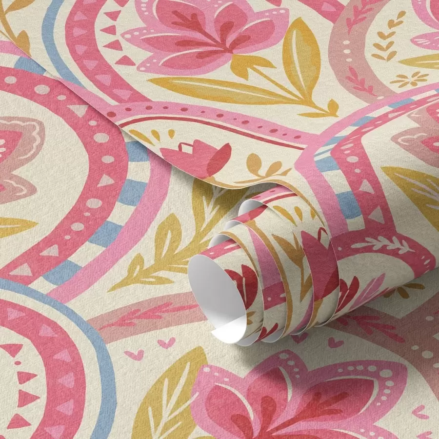 carta da parati Archi con fiori rosa in uno stile folk nr. a01080