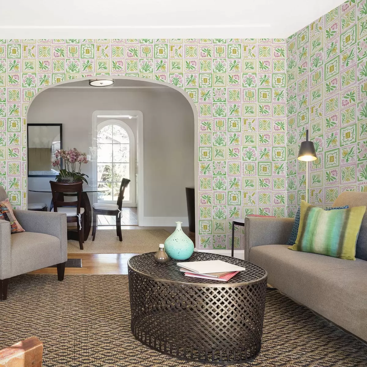 Carta da parati Quadrati acquerellati con rami rosa e verdi a01082